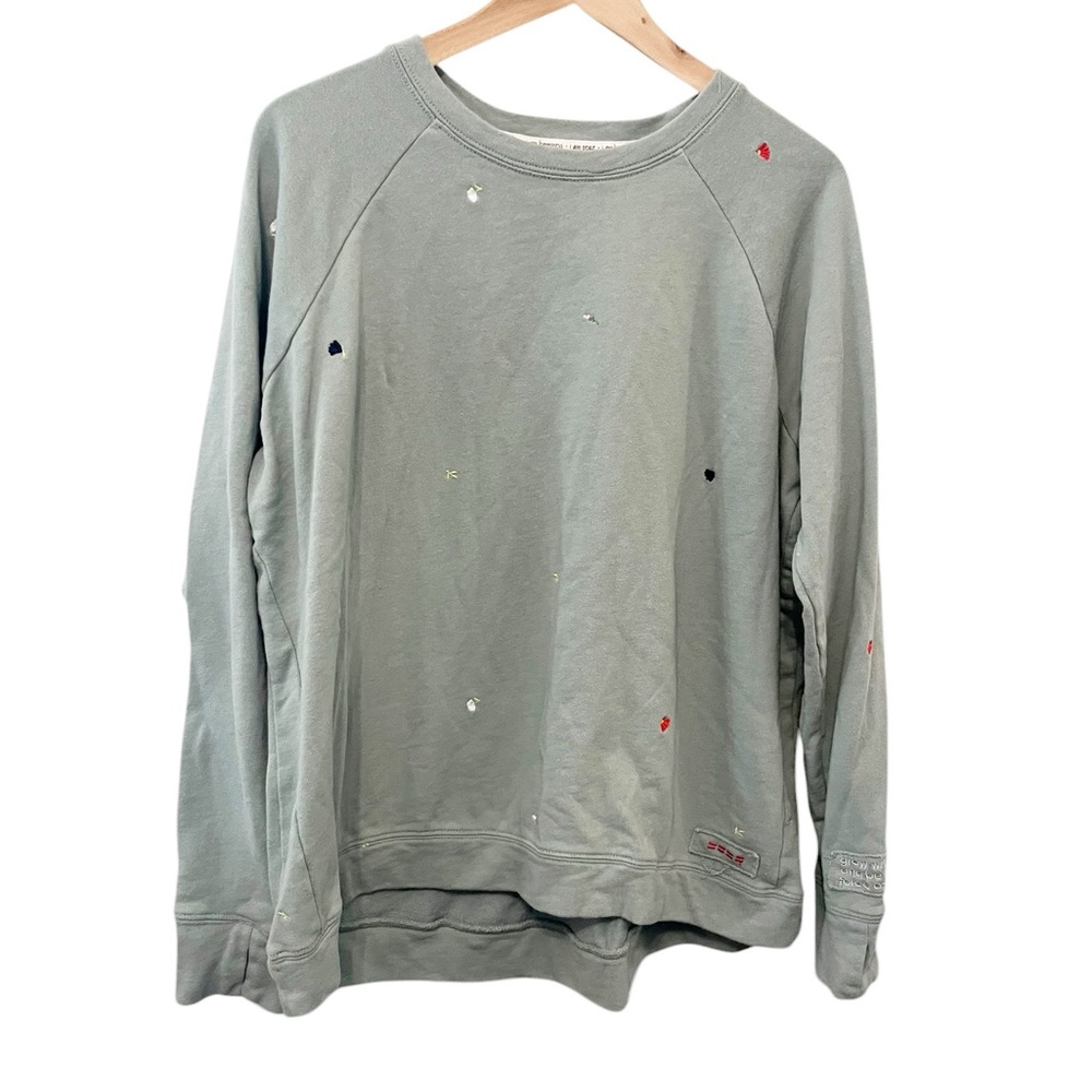 Peace Love World Women’s Crewneck Sweatshirt in Sage with Multicolor Embroidery